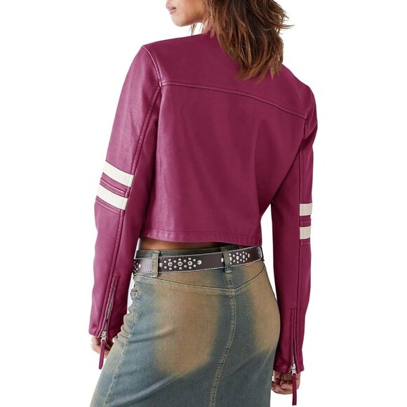 Women Purple Faux Leather Zip Up Cropped Jacket Stand Collar Moto Coat - Picture 4 of 5